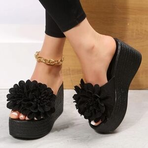 Black Floral Wedge Sandals